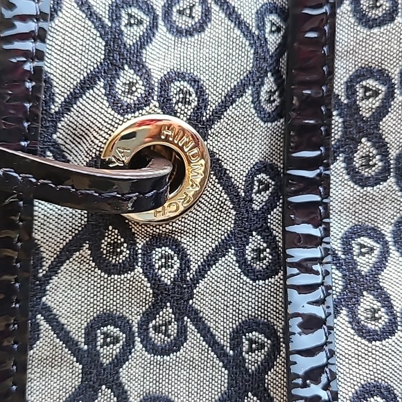 Anya Hindmarch logo blue and gray canvas tote leather handles leather